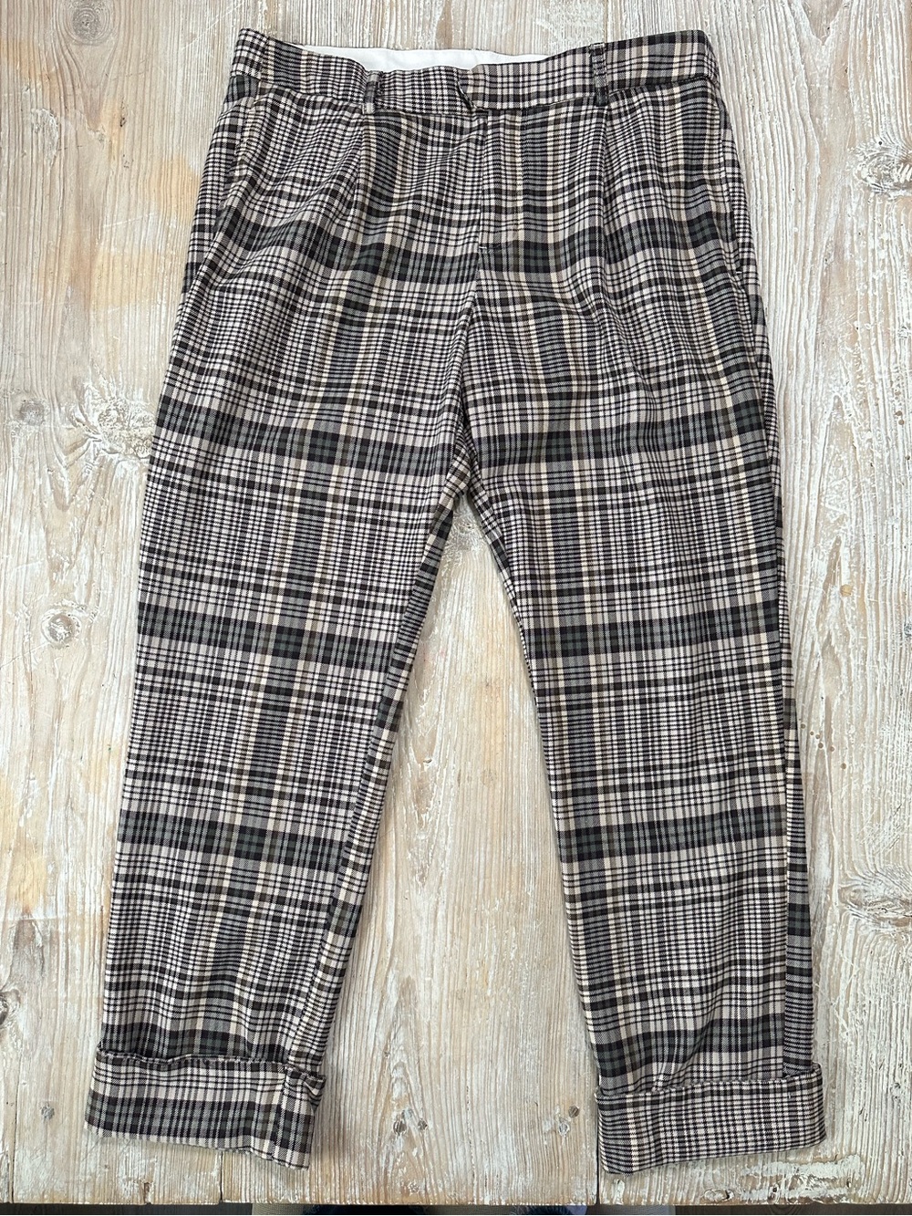 Free People Plaid Trousers Pants Black Cream Gray  Cuffed Boho Sz 10